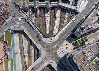 Birmingham New Street Grand Central Station England UK Aerial view of city centre with crossroads...