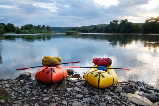Orange and yellow packrafts rubber boats
