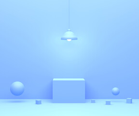 3D render . Blue minimal square podium for showcase under the light that shines from the lamp, hangs on the wall.