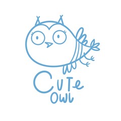 Cute doodle owl emblem. Funny vector character. Line art animal print. Cartoon bird poster.