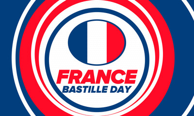 Bastille Day in France. National happy holiday, celebrated annual in July 14. French flag. France independence and freedom. Patriotic elements. Festive design. Vector poster illustration