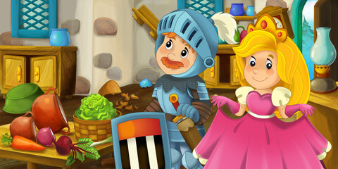 cartoon farm house ranch kitchen with knight princess