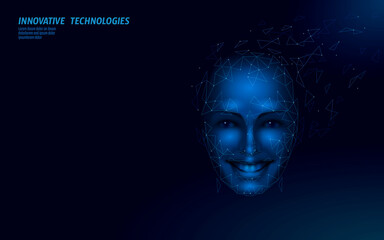Virtual assistant voice recognition service technology. AI artificial intelligence robot support. Chatbot beautiful female face low poly vector illustration