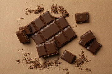 Tasty chocolate bar and powder on beige background