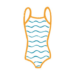 Textured striped swimsuit. Vintage female one-piece swimsuit isolated on white background. Women swimming clothes. Vector shabby hand drawn illustration