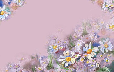 Flowers like chamomile painted watercolor on light pink background. Card with flowers. Space for text