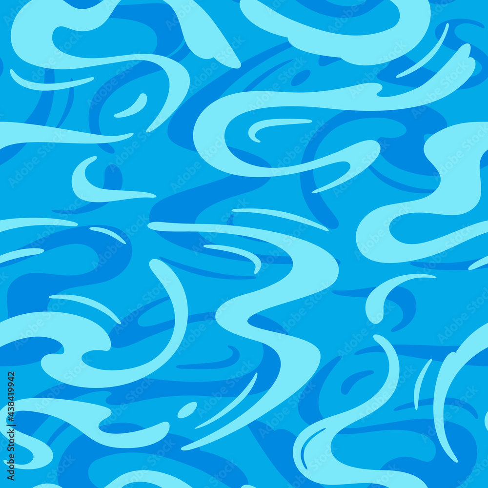 Poster azure cartoon water surface seamless pattern. vector sea ripple. abstract blue waves background