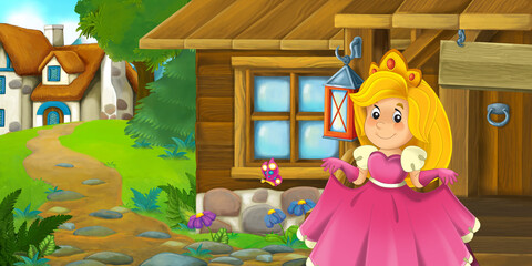 cartoon wooden farm house with princess illustration