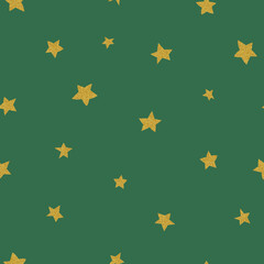 Seamless pattern with golden stars on green. New Year, Christmas celebration backdrop.