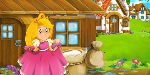 cartoon wooden farm house with princess illustration
