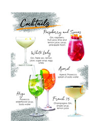 Cocktails set menu with illustrations and components - obrazy, fototapety, plakaty
