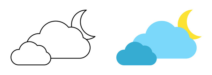 Set with different weather icons. Icons of moon and cloud on a white background. Cloud vector logo. Linear and color icons.