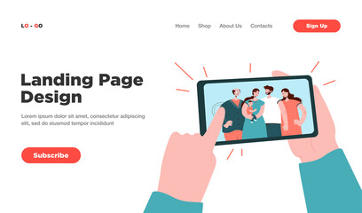 Human hands holding smartphone with family selfie isolated flat vector illustration. Cartoon photo of mom, dad, grandparents and kid making dinner in aprons. Memories and smart technologies concept