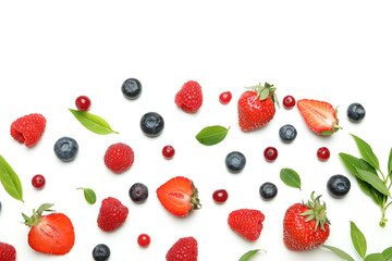 Plakat Delicious fresh berry mix on white background