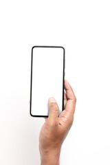 Hand holding a smartphone on a white background.