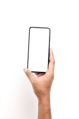 Hand holding a smartphone on a white background.