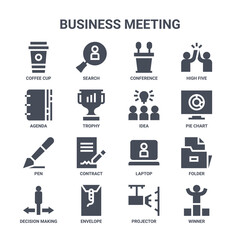 icon set of 16 business meeting concept vector filled icons such as search, agenda, pie chart, laptop, envelope, winner, projector, idea, high five