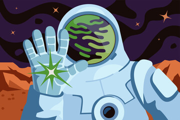 Astronaut landed and gloved hand greeting on planet surface. Cosmonaut spacesuit helmet reflect exoplanet landscape. Space exploration and colonization. Search life in universe and galaxy exploring © Azat Valeev