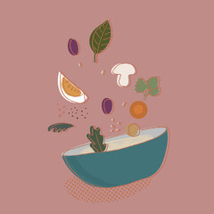 Bowl Food Different Ingredients. Illustration. - 438422143