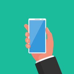 Smartphone in hand icon isolated on background. Blank screen. Vector illustration flat style. Template for design. Mobile telephone.