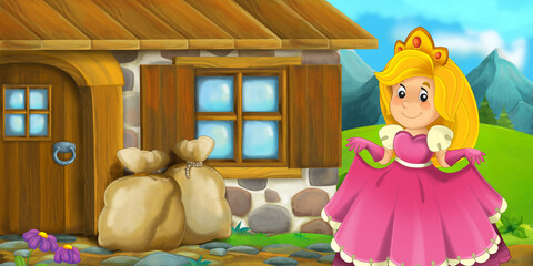 cartoon wooden farm house with princess illustration