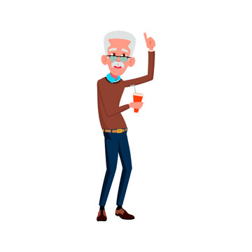 happy aged man drinking soda water and gesturing ok cartoon vector. happy aged man drinking soda water and gesturing ok character. isolated flat cartoon illustration