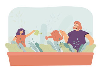 Mother and daughter watering plants in garden. Woman and girl with watering cans pouring water on flowers flat vector illustration. Family, gardening concept for banner, website design or landing page