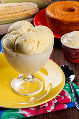 Corn ice cream in a glass bowl. It says 