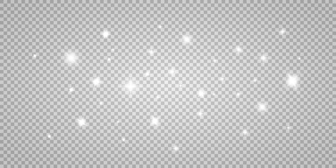 Dust white. White sparks and golden stars shine with special light. Vector sparkles on a transparent background