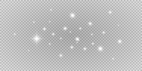 Dust white. White sparks and golden stars shine with special light. Vector sparkles on a transparent background