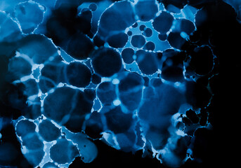 Cyan Abstract Wet Tie Dye Flat Graphic. Ink Acrylic Organic Print Creative Decoration. Night Modern Trendy Texture Line Template.