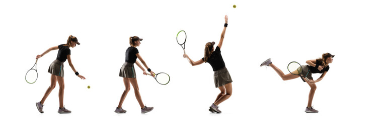 High flight. Young caucasian tennis players running and jumping on white studio background.