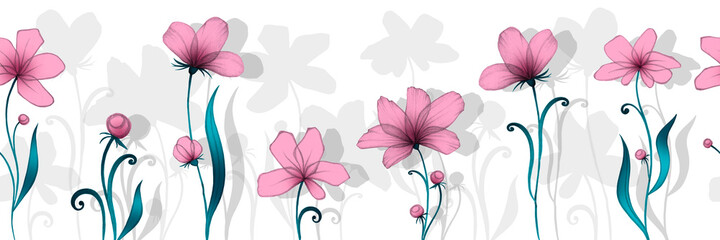 Pink beutiful flowers. Seamless ribbon border. Floral background. Hand drawing.