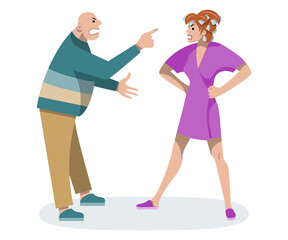Wife screams at husband. Man and woman argue. Male and female swear. Negative emotions. Home conflict. Domestic violence. Flat illustration on isolated white background.