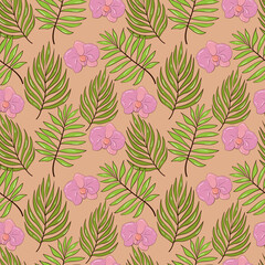 Seamless background with tropical plants. Orchid flowers. Exotic leaves. Stock illustration.