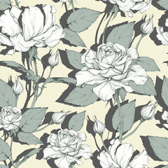 Beautiful hand drawing roses on a yellow background.  Seamless pattern. Floral illustration.