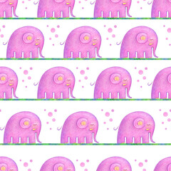 Cute pink cartoon elephants. Hand drawn. Seamless pattern. Illustration for kids.