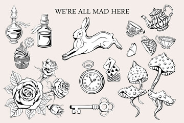 Wonderland vector set. We are all mad here. Vintage tea cups and teapot, poison, roses and mushrooms, clock and key, white rabbit. - 438424327