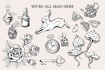 Foto op Aluminium Wonderland vector set. We are all mad here. Vintage tea cups and teapot, poison, roses and mushrooms, clock and key, white rabbit. © svetlanasmirnova