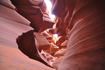 Beautiful curved sandstone formations in famous Antelope Canyon on a sunny day near town Page, American Southwest, Arizona, USA