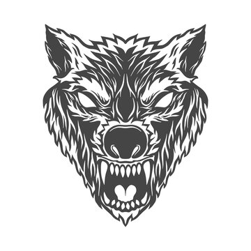 Illustration of angry wolf head in monochrome style. Design element for logo, label, sign, emblem, poster. Vector illustration