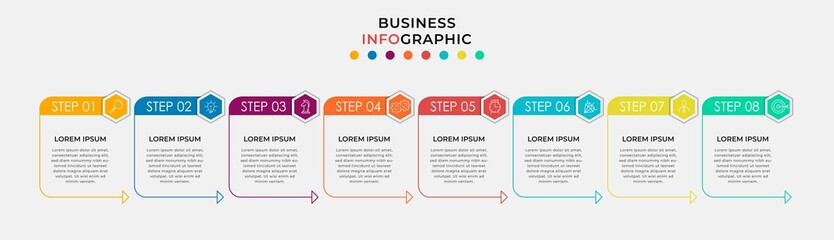 Vector Infographic design business template with icons and 8 options or steps. Can be used for process diagram, presentations, workflow layout, banner, flow chart, info graph