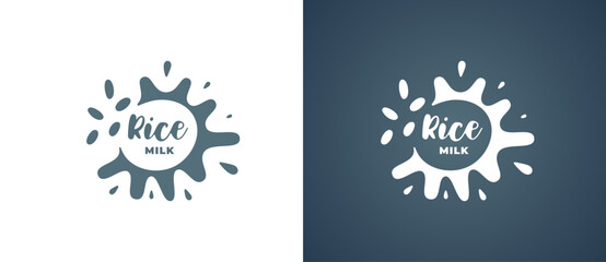 Obraz premium Rice milk product logo. Fresh vegetarian organic natural non lactic brand identity logotype design. Grain vegan eco dairy splash sign for company trademark vector Illustrations