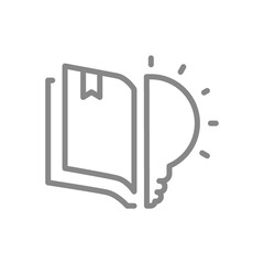Book with light bulb line icon. Brainstorm, encyclopedia symbol