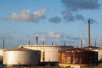 Oil harbor. Refinery and oil storage on the shore of the Gulf of Curacao, Dutch Antilles.