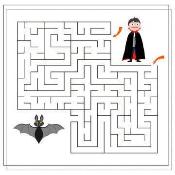 game for kids go through the maze, Dracula and the bat, Halloween. vector isolated on white background