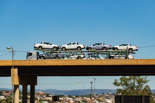 Um caminh&atilde;o cegonha cheio de carros passando sobre um viaduto com c&eacute;u azul ao fundo.