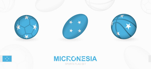 Sports icons for football, rugby and basketball with the flag of Micronesia.