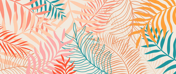 Summer tropical background.Colorful palm leaves wallpaper.Abstract vector art.Exotic plant illustration. Botanical floral pattern design for poster, flyer, cover, banner.Vacation concept