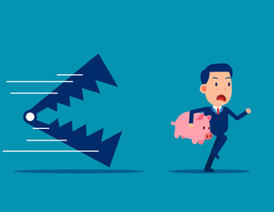 Business person holding piggy bank and run away from traps. Investment and trap